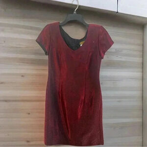 Virgo II Vintage Dark Red Lined Short Sleeve Dress Black Velvet Polka Dot Size 8